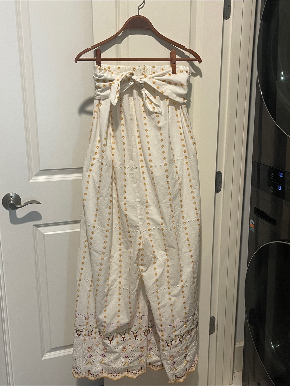White Eyelet Wide-Leg Jumpsuit with Yellow Dot Embroidery